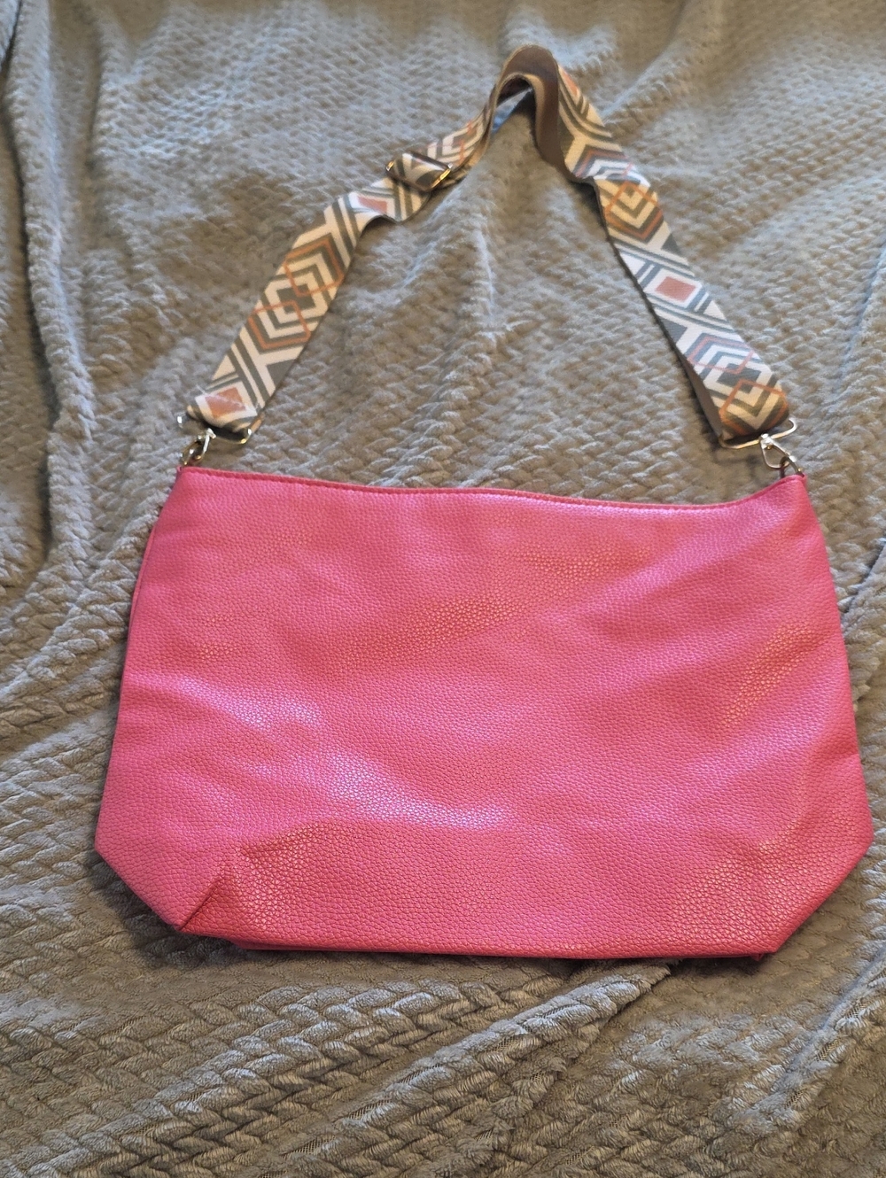 Pink Women's Shoulder Bag with Patterned Strap
